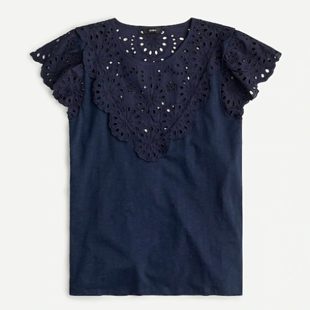Embroidered eyelet flutter-sleeve T-shirt